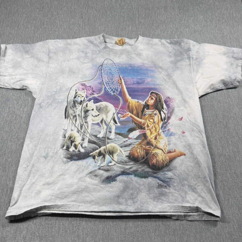 The Mountain Mens XL Gray Tie Dye Native American Wolves Graphic T-Shirt 2003